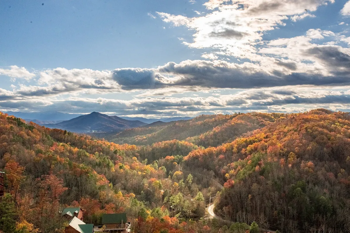 A breathtaking mountain vista with rolling hills, autumn foliage, and a winding road leading into the distance beneath a cloudy sky. The scenic landscape invites exploration and is reminiscent of nearby hiking trails and pet-friendly outdoor adventures in the Smokies.