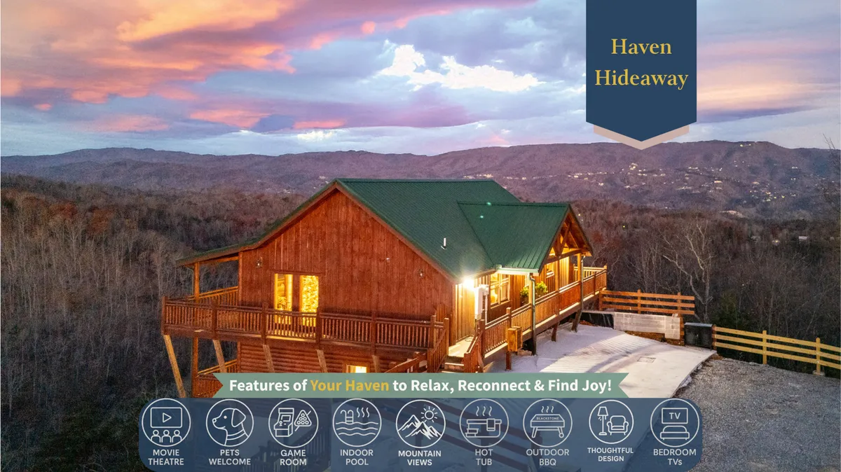 A beautiful log cabin nestled in the Smoky Mountains, with a spacious outdoor deck overlooking breathtaking mountain views. The scene features a bubbling hot tub on the deck, inviting guests to relax under the stars, and plenty of space for gathering around an outdoor BBQ. The tranquil setting highlights the cozy, welcoming feel of the cabin in its scenic natural surroundings.